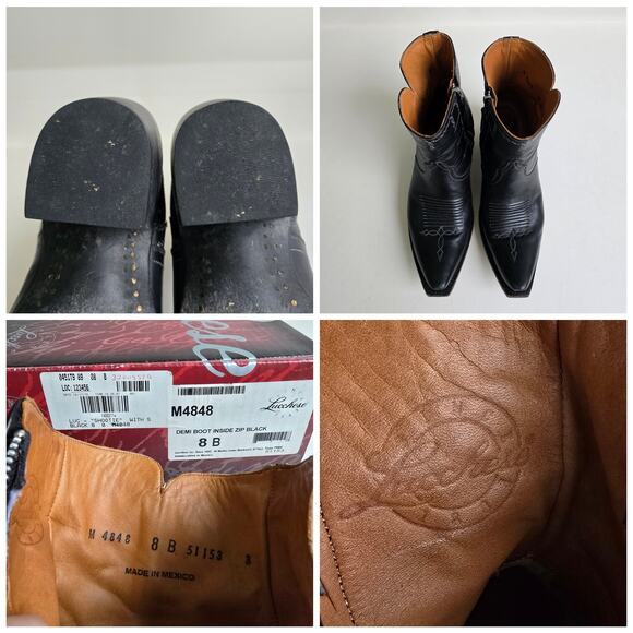 Lucchese Mila Boots Size 8 Black Leather Short Boot Side Zip Snub Toe Embroidery - Picture 8 of 16